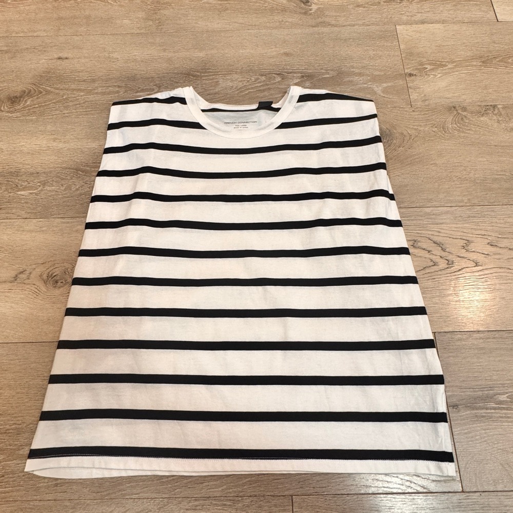FRENCH CONNECTION Striped T Shirt Top White Black Cotton‎ Classic Boxy Fit Large